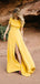 Bright Yellow Short Sleeve Front Slit Sheath Long Bridesmaid Dresses ,PB1068