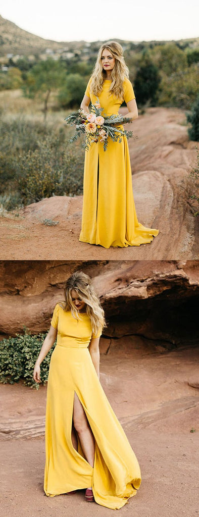 Bright Yellow Short Sleeve Front Slit Sheath Long Bridesmaid Dresses ,PB1068