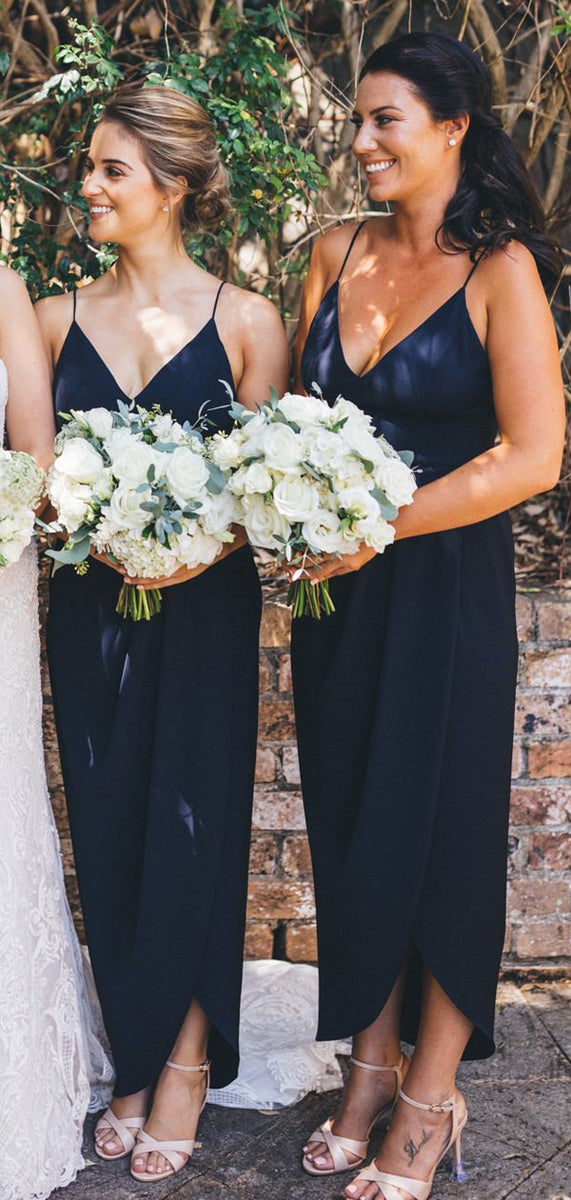 High low navy blue bridesmaid dresses top