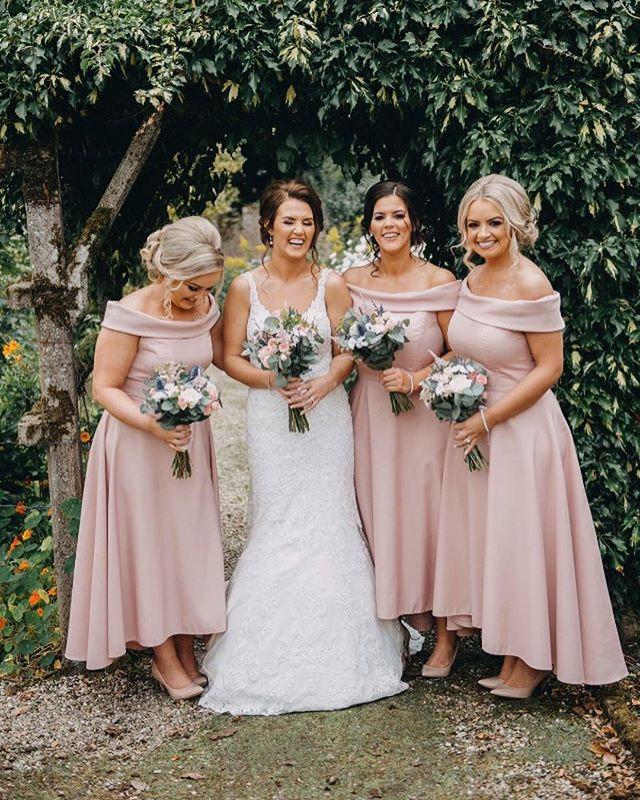 Dusty Pink Jersey Off Shoulder High Low Ankle Length Bridesmaid Dresses ,PB1055