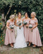 Dusty Pink Jersey Off Shoulder High Low Ankle Length Bridesmaid Dresses ,PB1055