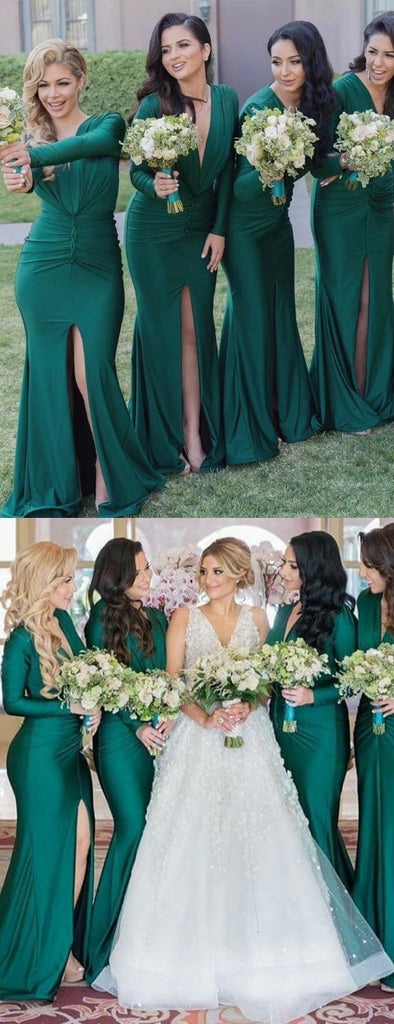 Green Jersey Long Sleeve V-neck Slit Bridesmaid Dresses,PB1053