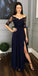 Half Sleeves Side Slit A Line Navy Lace Prom Party Dresses DPB3104