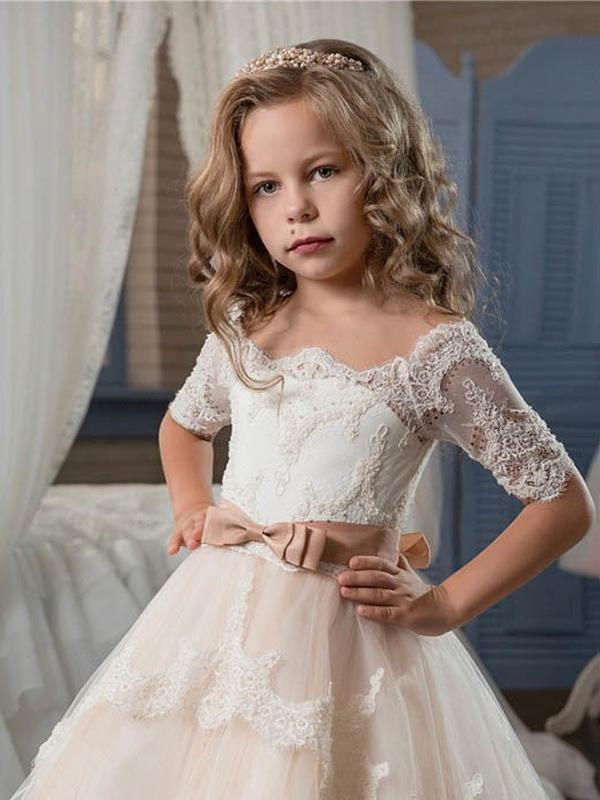 Lovely Half Sleeves Lace Tulle Long Flower Girl Dresses,GTE2117