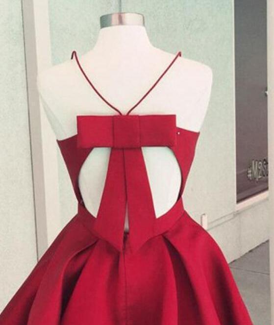 Simple Burgundy Cheap Satin Spaghetti Strap Homecoming Dress BTW124