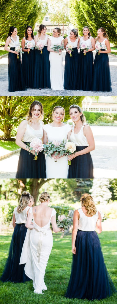 Ivory Jersy Top Navy Tulle Scoop Neck A-line Bridesmaid Dresses,DB143
