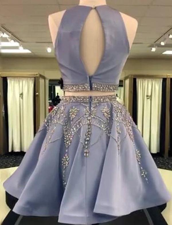 Elegant Halter Two Pieces Satin A Line With Rhinestone Short Homecoming Dresses, BTW174