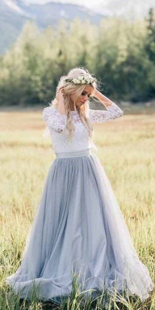 Lace Tulle 3/4 Sleeves A Line Formal Long Prom Dresses for Weddings MD305