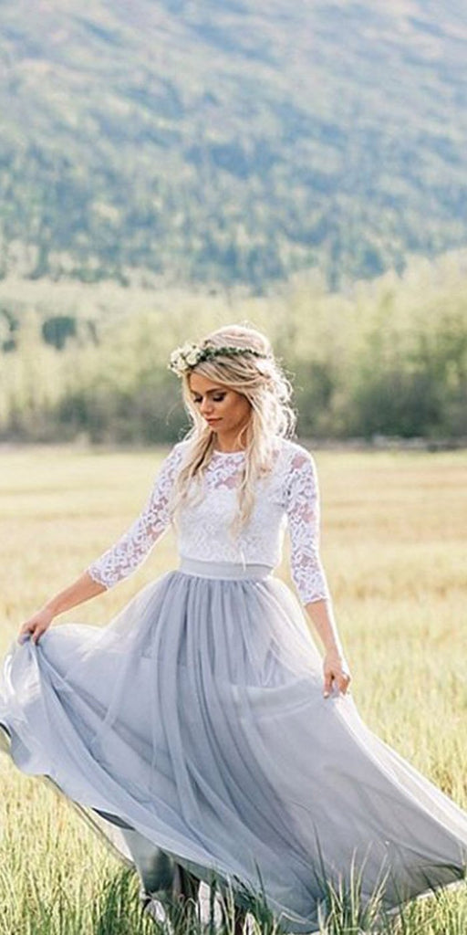 Lace Tulle 3/4 Sleeves A Line Formal Long Prom Dresses for Weddings MD305