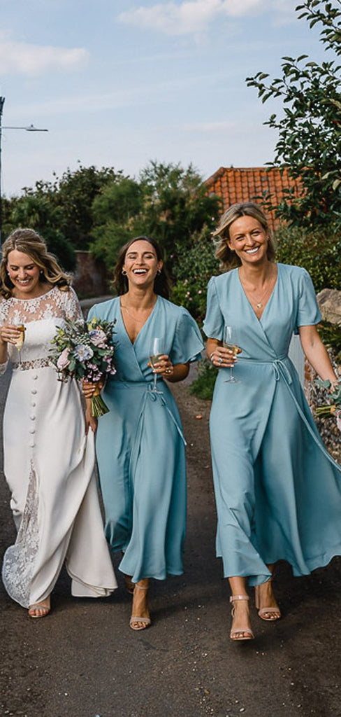 Light Blue Chiffon Half Sleeve Boho Wedding Long Bridesmaid Dresses,PB1082