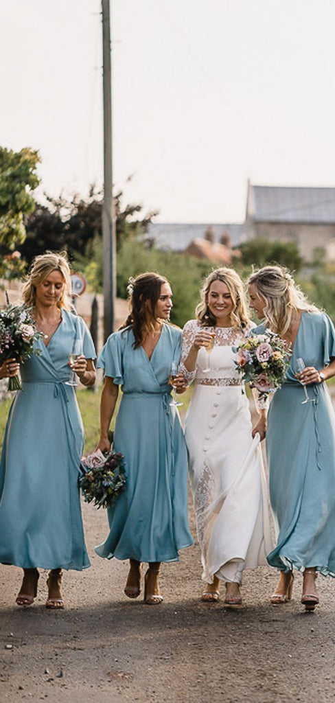 Light Blue Chiffon Half Sleeve Boho Wedding Long Bridesmaid Dresses,PB1082