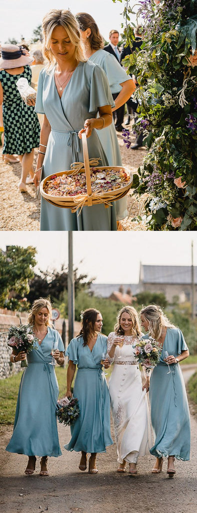 Light Blue Chiffon Half Sleeve Boho Wedding Long Bridesmaid Dresses,PB1082