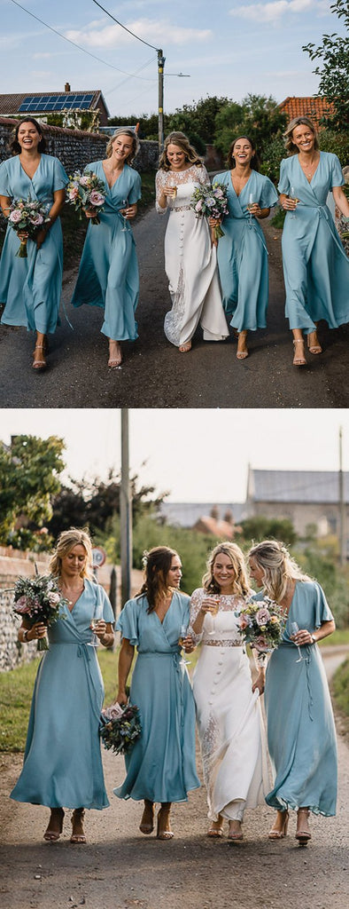 Light Blue Chiffon Half Sleeve Boho Wedding Long Bridesmaid Dresses,PB1082