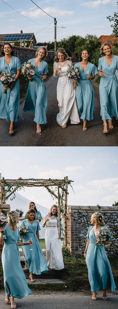 Light Blue Chiffon Half Sleeve Boho Wedding Long Bridesmaid Dresses,PB1082