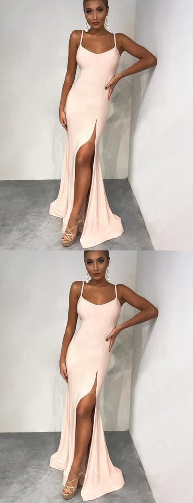 Light Pink Spaghetti Strap Side Slit Sheath Long Cheap Prom Dresses, DB1106