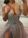 Long Backless Grey Sexy Dresses with Slit Rhinestone See Through Prom Dress DPB121