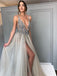 Long Backless Grey Sexy Dresses with Slit Rhinestone See Through Prom Dress DPB121