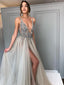 Long Backless Grey Sexy Dresses with Slit Rhinestone See Through Prom Dress DPB121