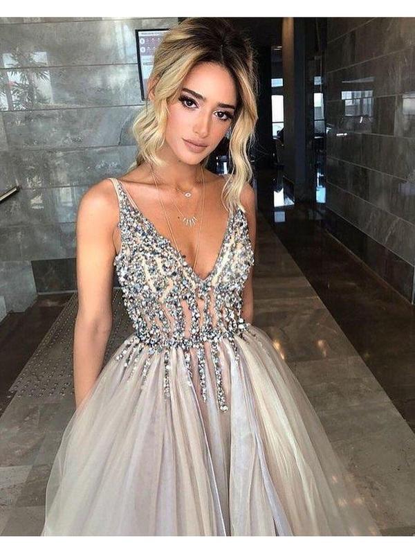 Long Backless Grey Sexy Dresses with Slit Rhinestone See Through Prom Dress DPB121