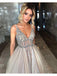 Long Backless Grey Sexy Dresses with Slit Rhinestone See Through Prom Dress DPB121