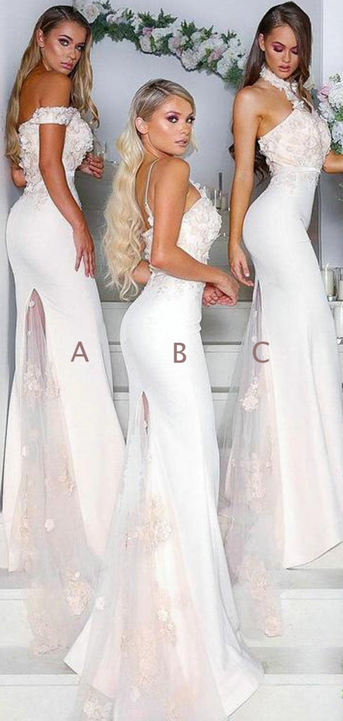 Mismatched Lace Appliuqe Elastic Satin Mermaid Bridesmaid Dresses,DB124