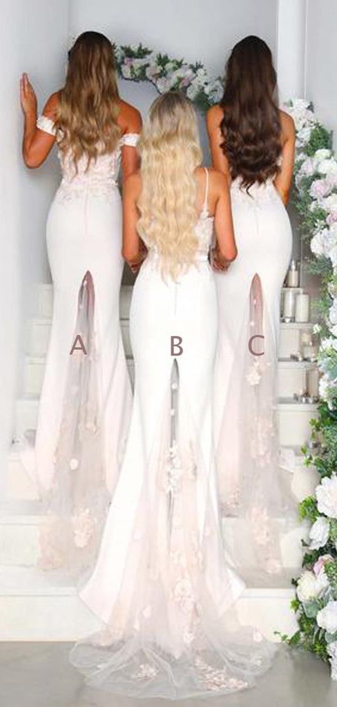 Mismatched Lace Appliuqe Elastic Satin Mermaid Bridesmaid Dresses,DB124