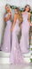 Mismatched Lace Appliuqe Lilac Elastic Satin Mermaid Bridesmaid Dresses,DB123