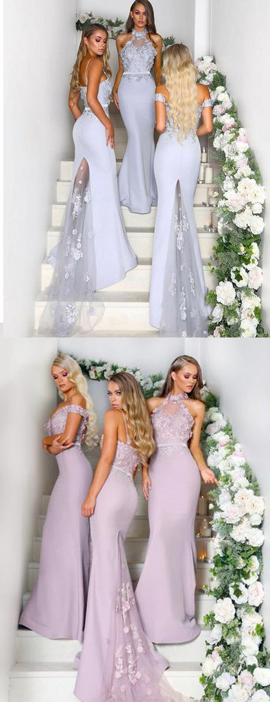 Mismatched Lace Appliuqe Lilac Elastic Satin Mermaid Bridesmaid Dresses,DB123