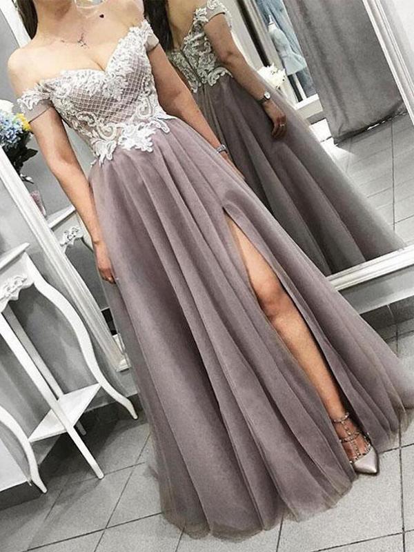 Off the Shoulder Side Slit A Line Lace Tulle Prom Dresses,DPB3110