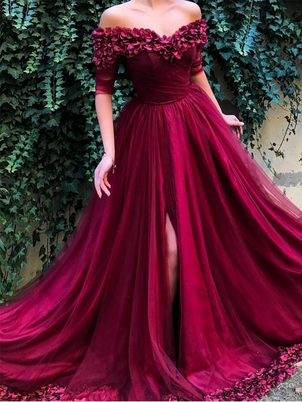 Off the shoulder Half Sleeves A Line Tulle Long Prom Dresses DPB3108