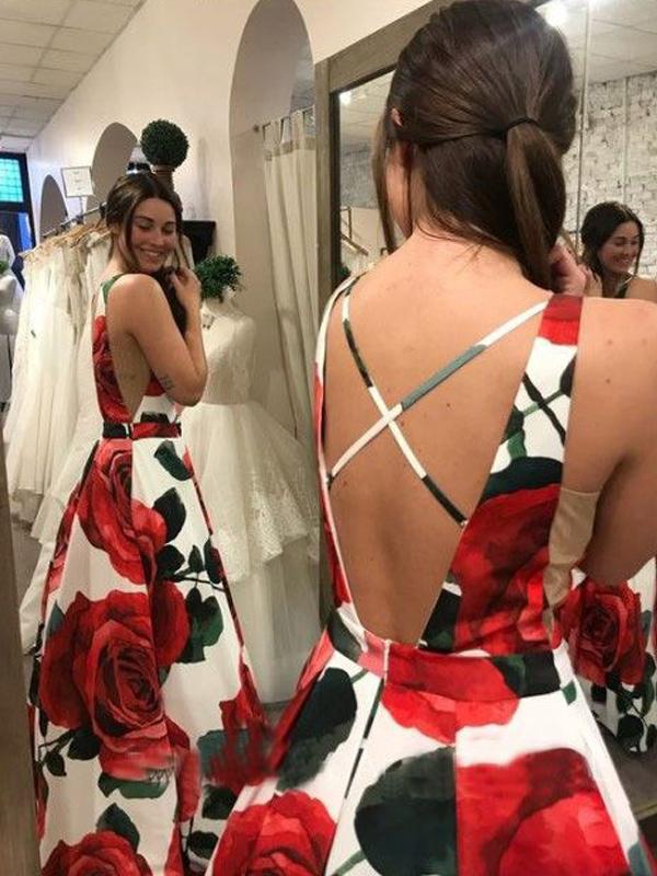 Open Back V-neck A-line Long Evening Party Prom Dresses PB3102