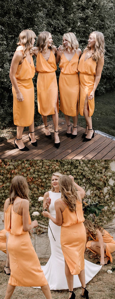 Orange Spaghetti Strap V-neck Knee Length Summer Wedding Bridesmaid Dresses ,PB1072