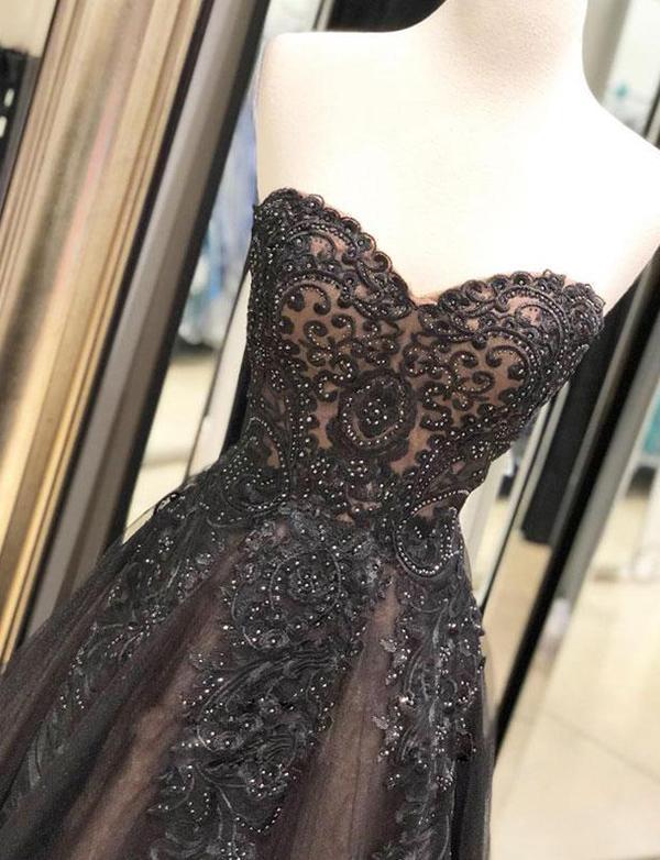 Pretty Sweetheart Lace Applique A Line Tulle Sweep Trailing Long Prom Dresses, MD400