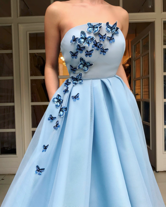 Pale Blue Satin Strapless Butterfly Applique Prom Dresses DB1096