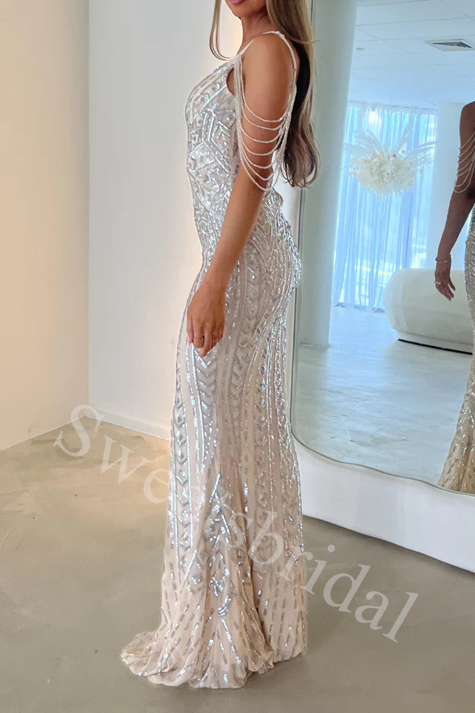 Sexy V-neck Sleeveless Off shoulder Mermaid Long Prom Dress,SW1975
