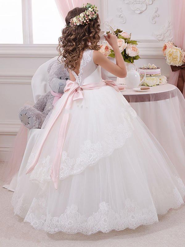 Princess Tulle Applique Long Cheap Flower Girl Dress GTE2119