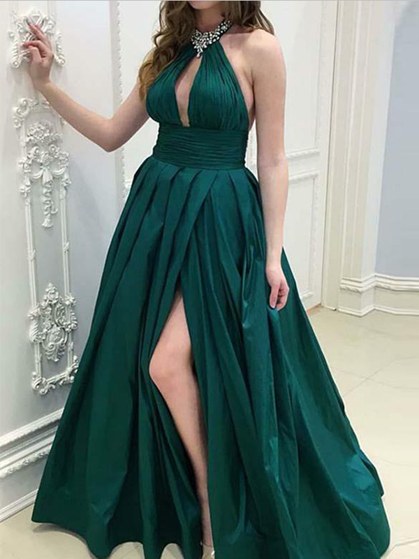 Sexy High Neck Side Slit Backless Evening Dress,Long Prom Dresses, DPB165
