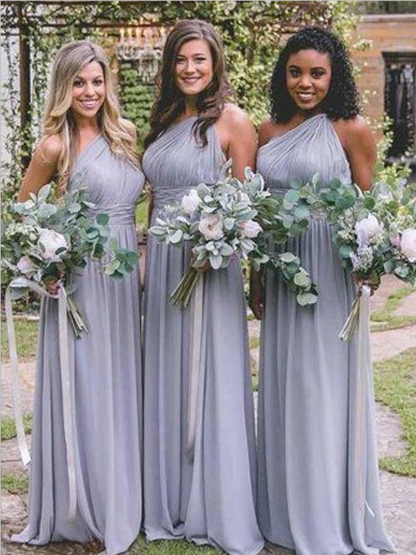 Pretty One Shoulder Dusty Blue Floor Length Chiffon Long Bridesmaid Dresses, SW1028