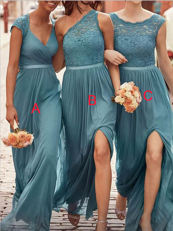 Charming Mismatched Chiffon Lace Top A Line Elegant Long Bridesmaid Dresses, SW1048