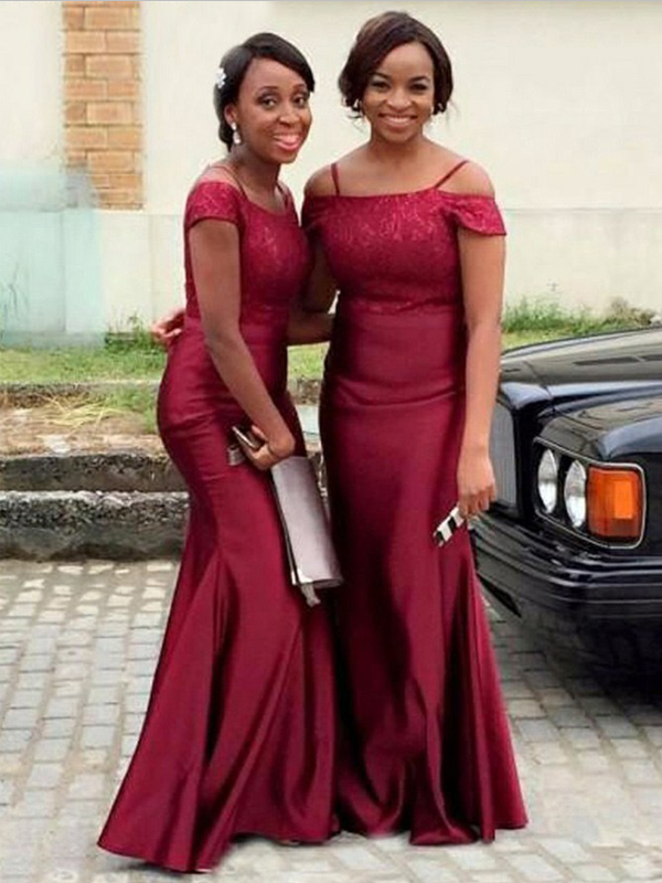 Simple Burgundy Off The Shoulder Mermaid Satin Long Bridesmaid Dresses sweetbridals