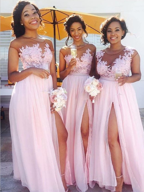 Pretty Light Pink Lace Applique A Line Chiffon Side Slit Long Bridesma sweetbridals Pretty Light Pink Lace Applique A Line Chiffon Side Slit Long Bridesma sweetbridals