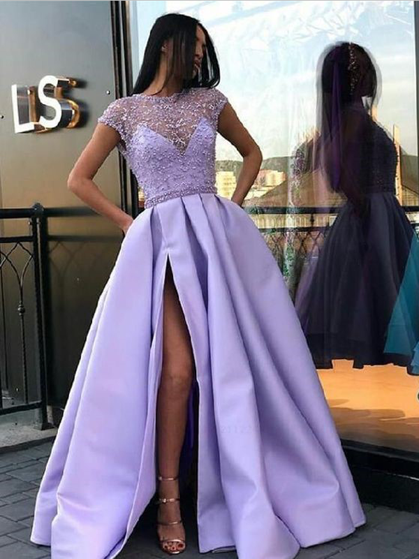 Modest A Line Side Slit With Beaded Short Sleeves Long Prom Dresses ,M – sweetbridals