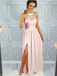 Elegant Halter A Line Side Slit Lace Top Floor Length Long Prom Dresses, MD417