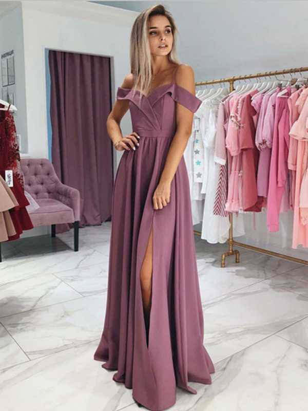 Simple Off The Shoulder A Line Side Slit Floor Length Long Prom Dresses, MD428