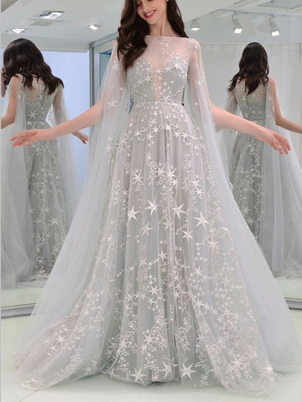 Gorgeous Long Sleeves A Line Floor Length Tulle Long Prom Dresses, MD4 sweetbridals Gorgeous Long Sleeves A Line Floor Length Tulle Long Prom Dresses, MD4 sweetbridals