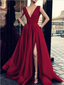 Cheap Burgundy Deep V Neck A Line Sleeveless Side Slit Long Prom Dresses, SW1020