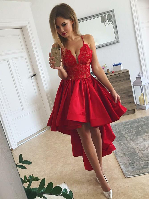 Fashion Spaghetti Strap A Line Lace Top High Low Short Homecoming Dress, BTW140