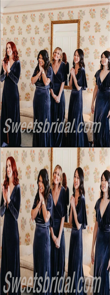 Mismatched V-neck side slit A-line Elegant Simple Long Bridesmaid Dresses,SWE1271