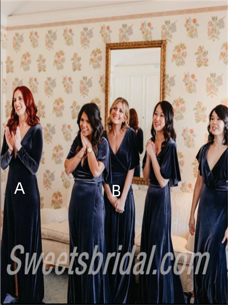 Mismatched V-neck side slit A-line Elegant Simple Long Bridesmaid Dresses,SWE1271