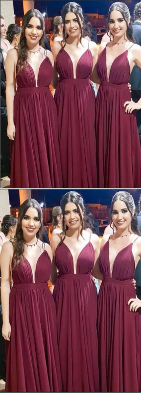 Elegant Spaghetti Strap Burgundy Chiffon A Line Long Bridesmaid Dresses, SW1091